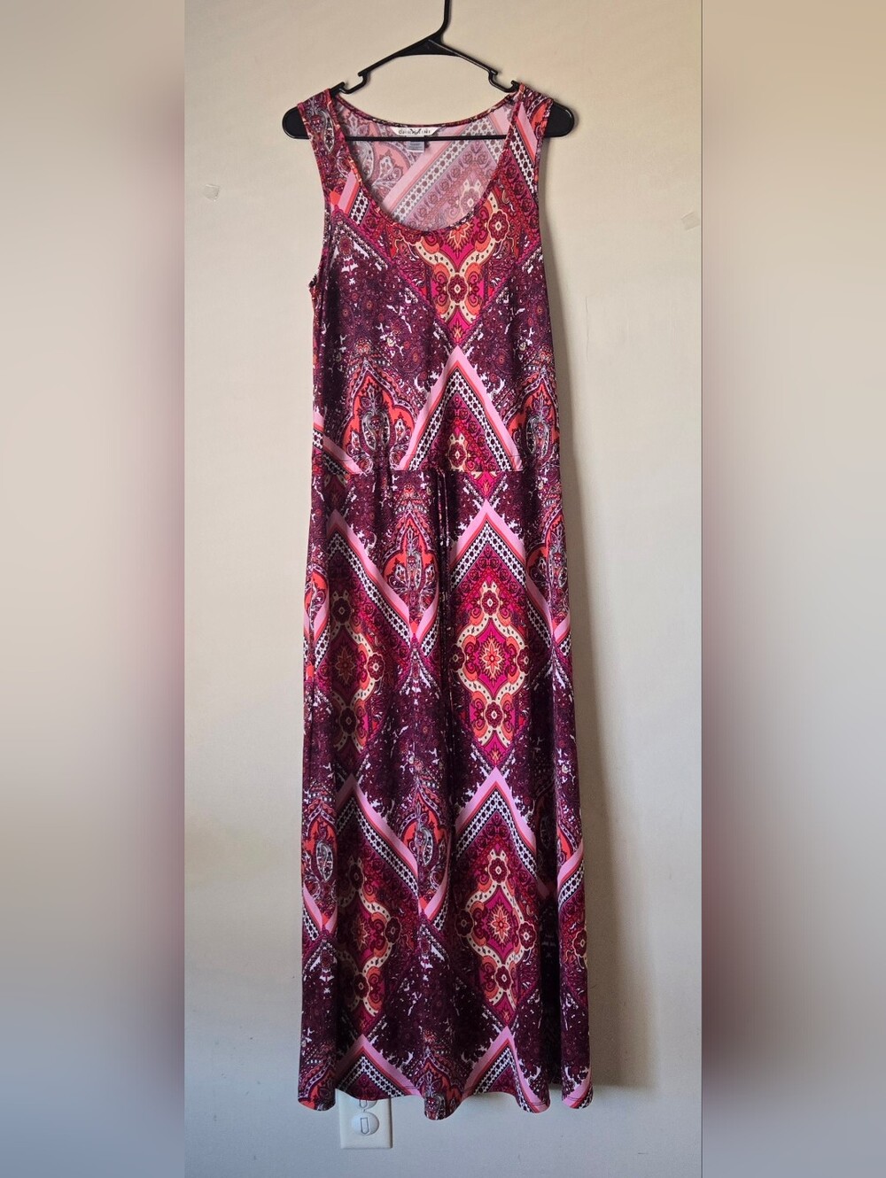 Boho Diamond-Print Maxi Dress in Burgundy and Pink - Christine - Size S